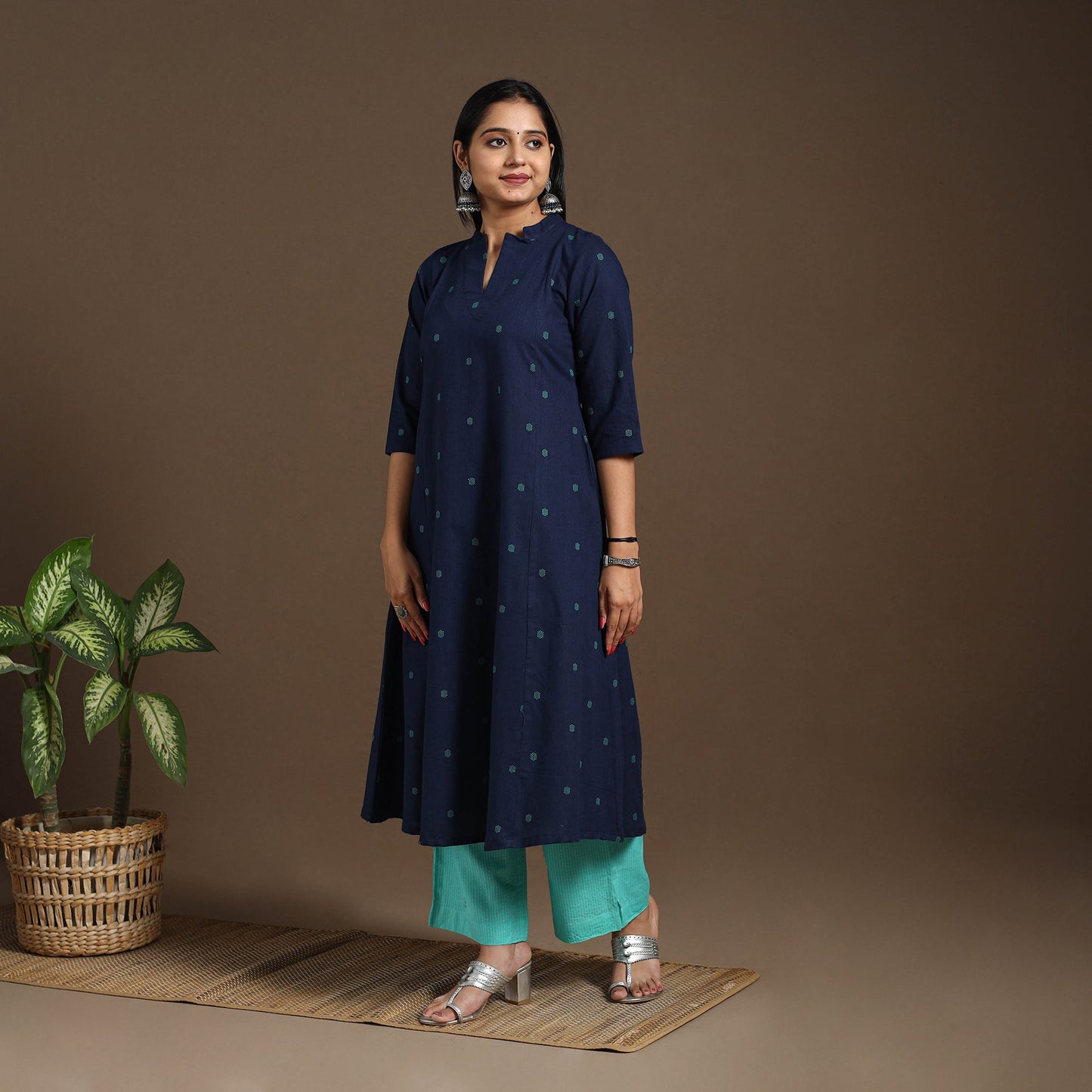 Blue A-Line Cotton Jacquard Kurta