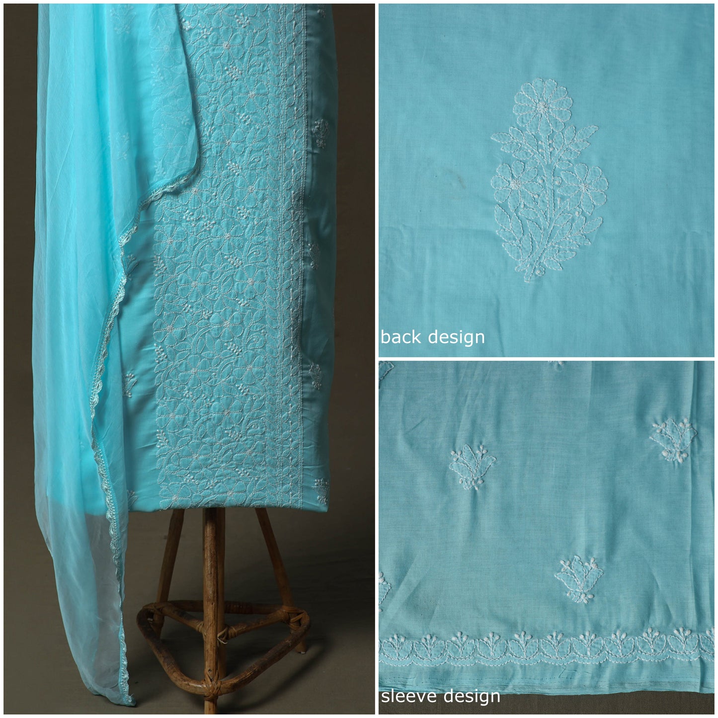 Blue - lucknowi hand embroidered cotton chikankari 3pc