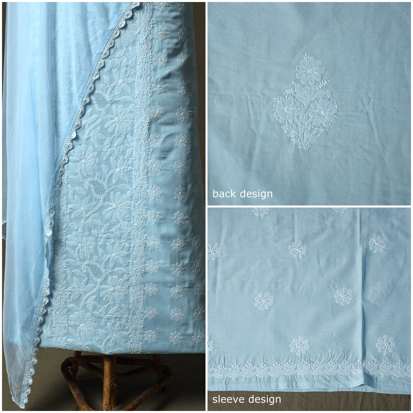 Blue - lucknowi hand embroidered cotton chikankari 3pc