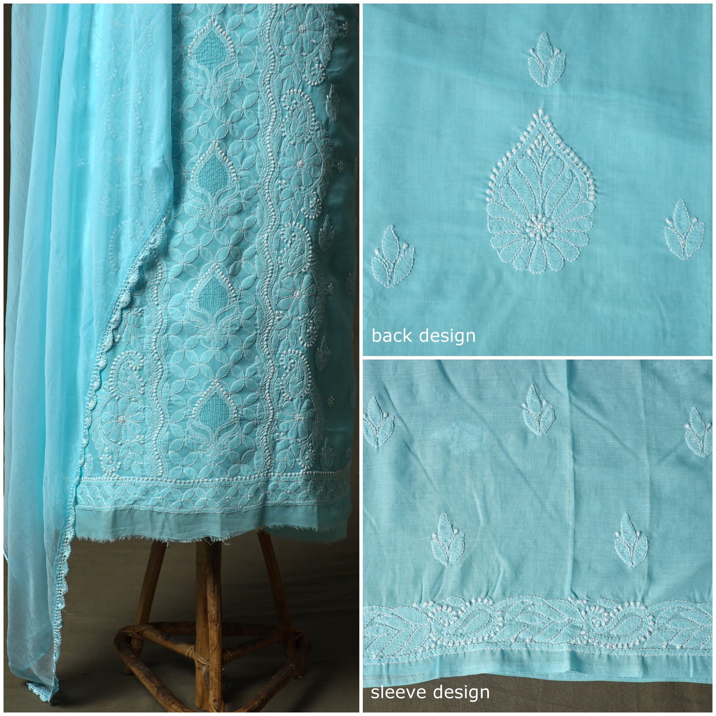 Blue - lucknowi hand embroidered cotton chikankari 3pc