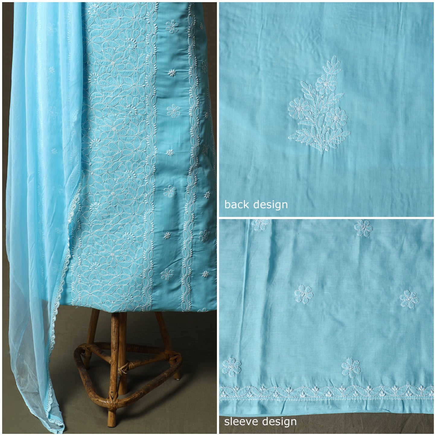 Blue - lucknowi hand embroidered cotton chikankari 3pc