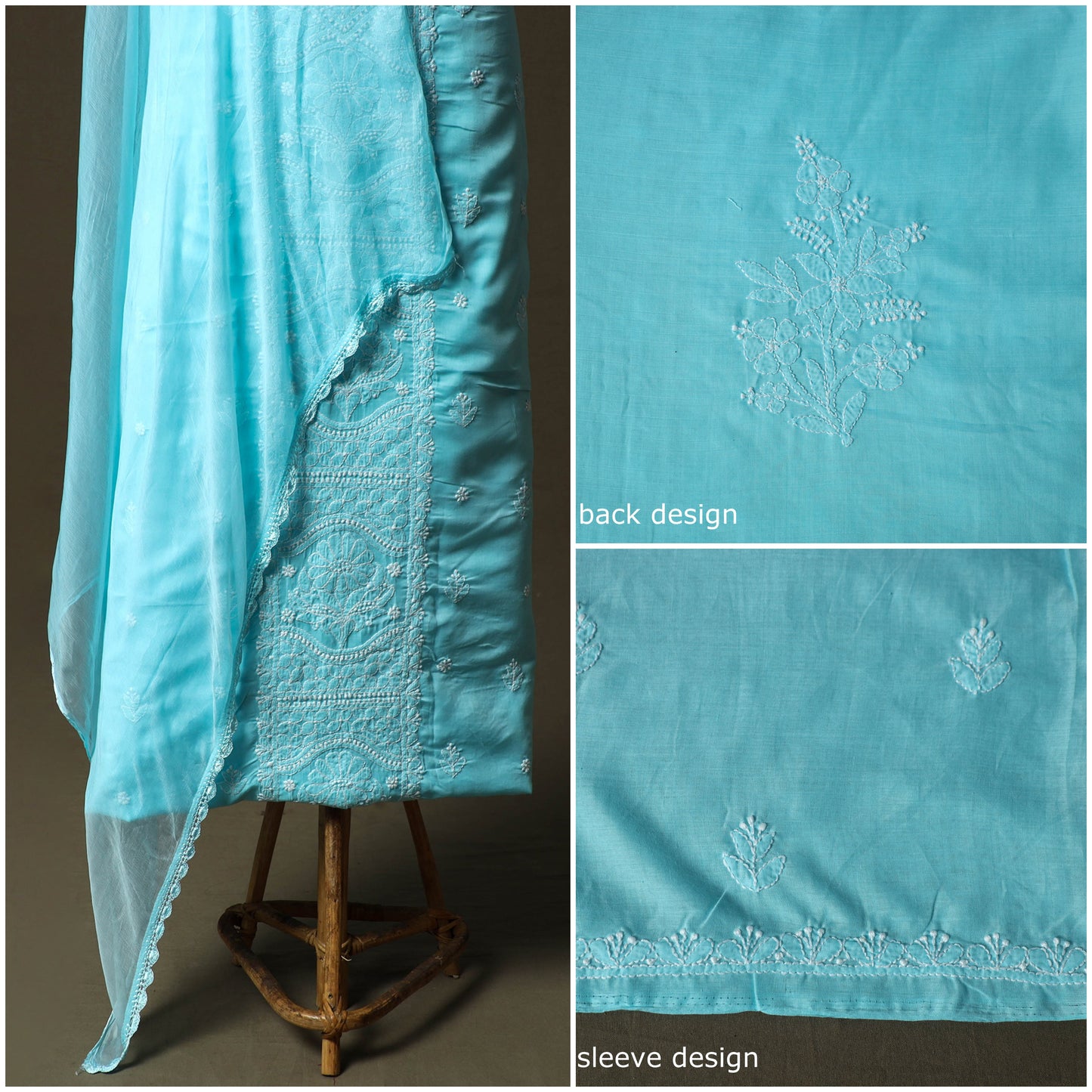 Blue - lucknowi hand embroidered cotton chikankari 3pc