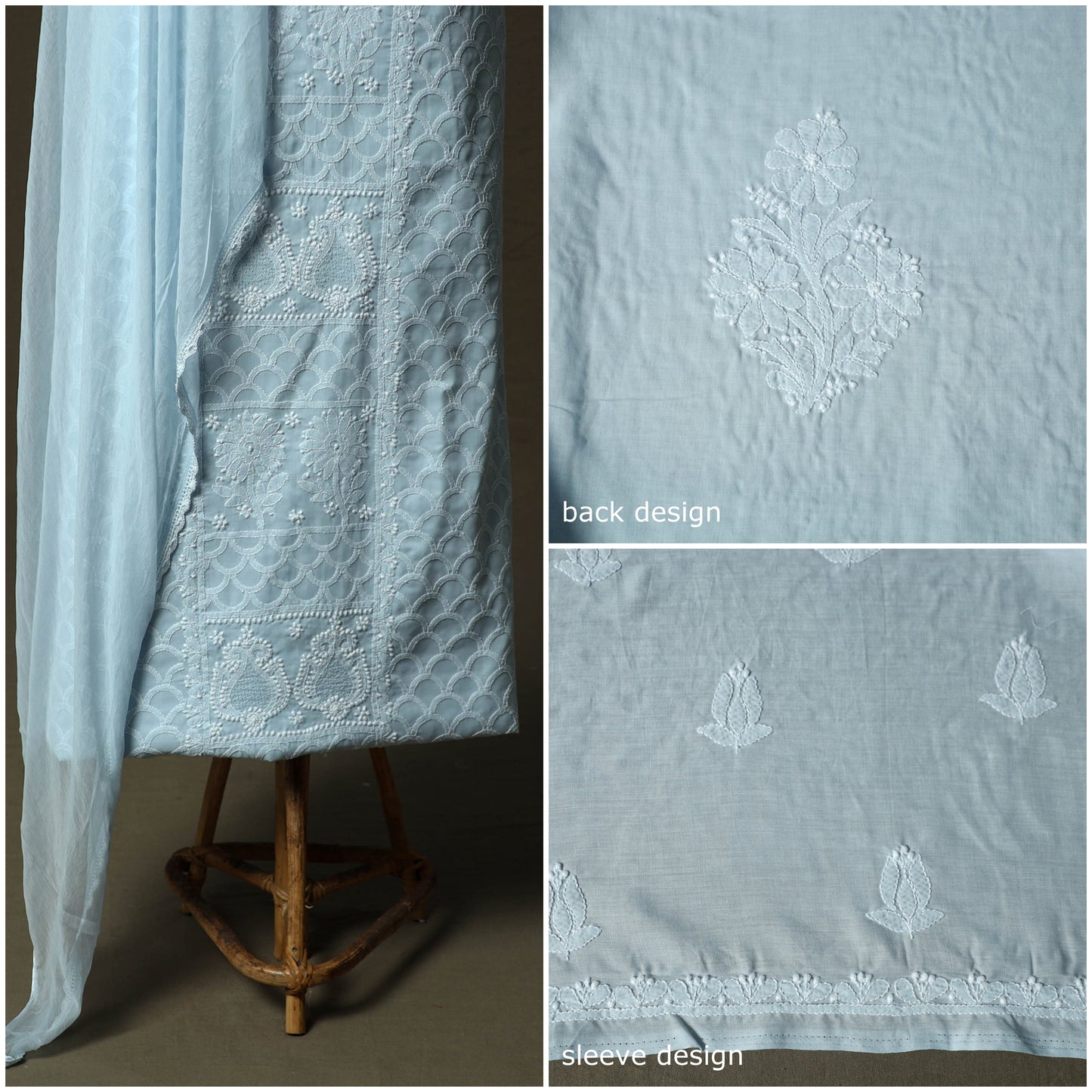 Lucknowi hand embroidered cotton chikankari 3pc unstitched