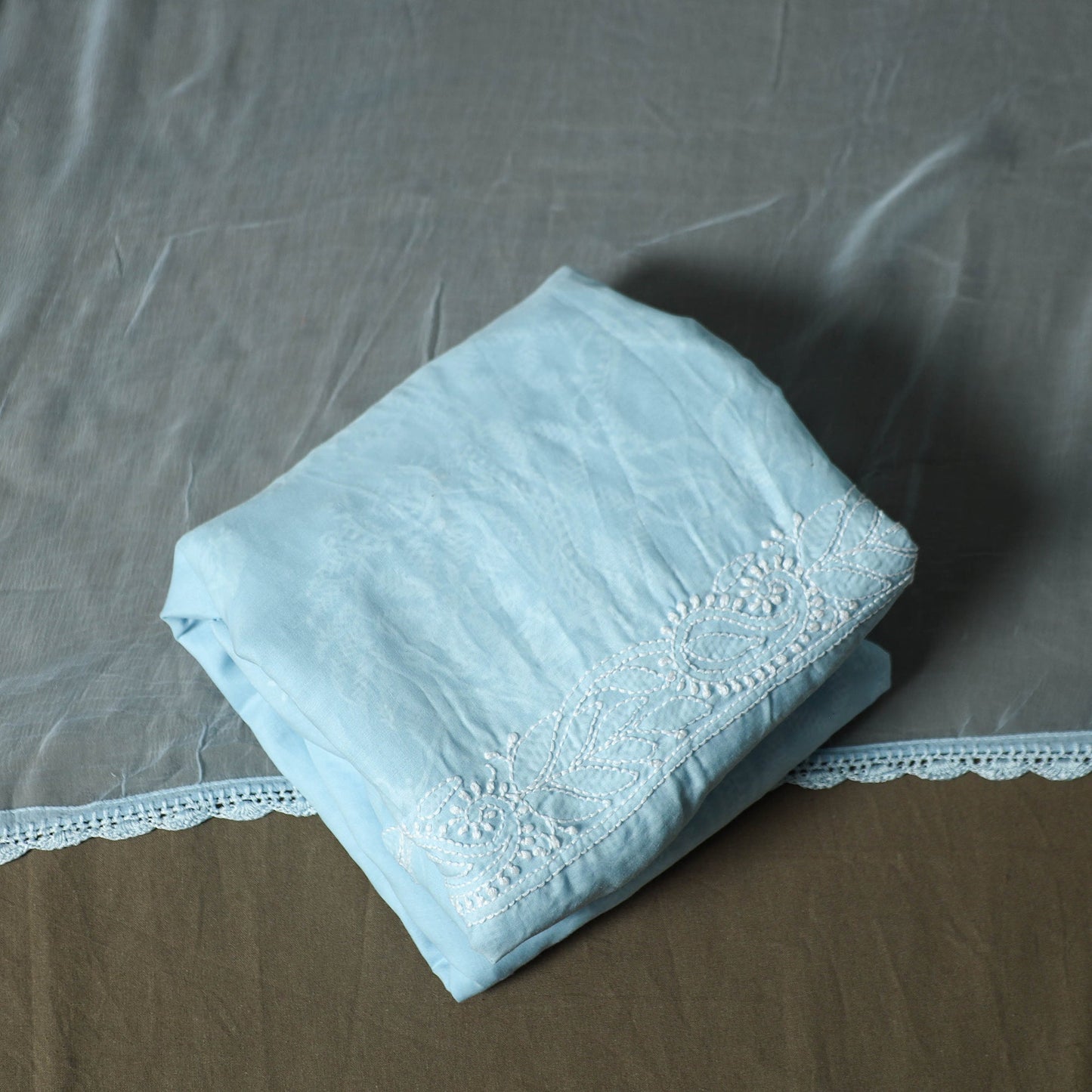 Blue - lucknowi hand embroidered cotton chikankari 3pc