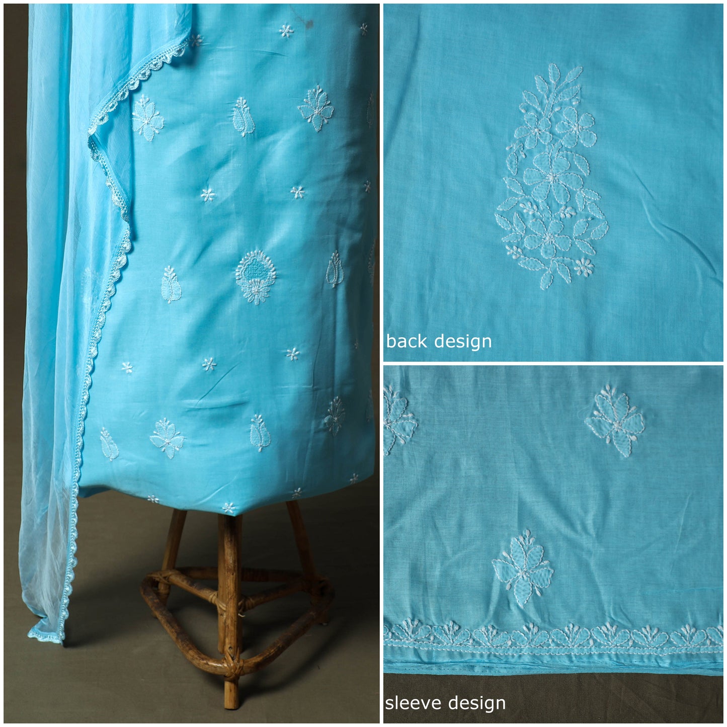 Blue - lucknowi hand embroidered cotton chikankari 3pc