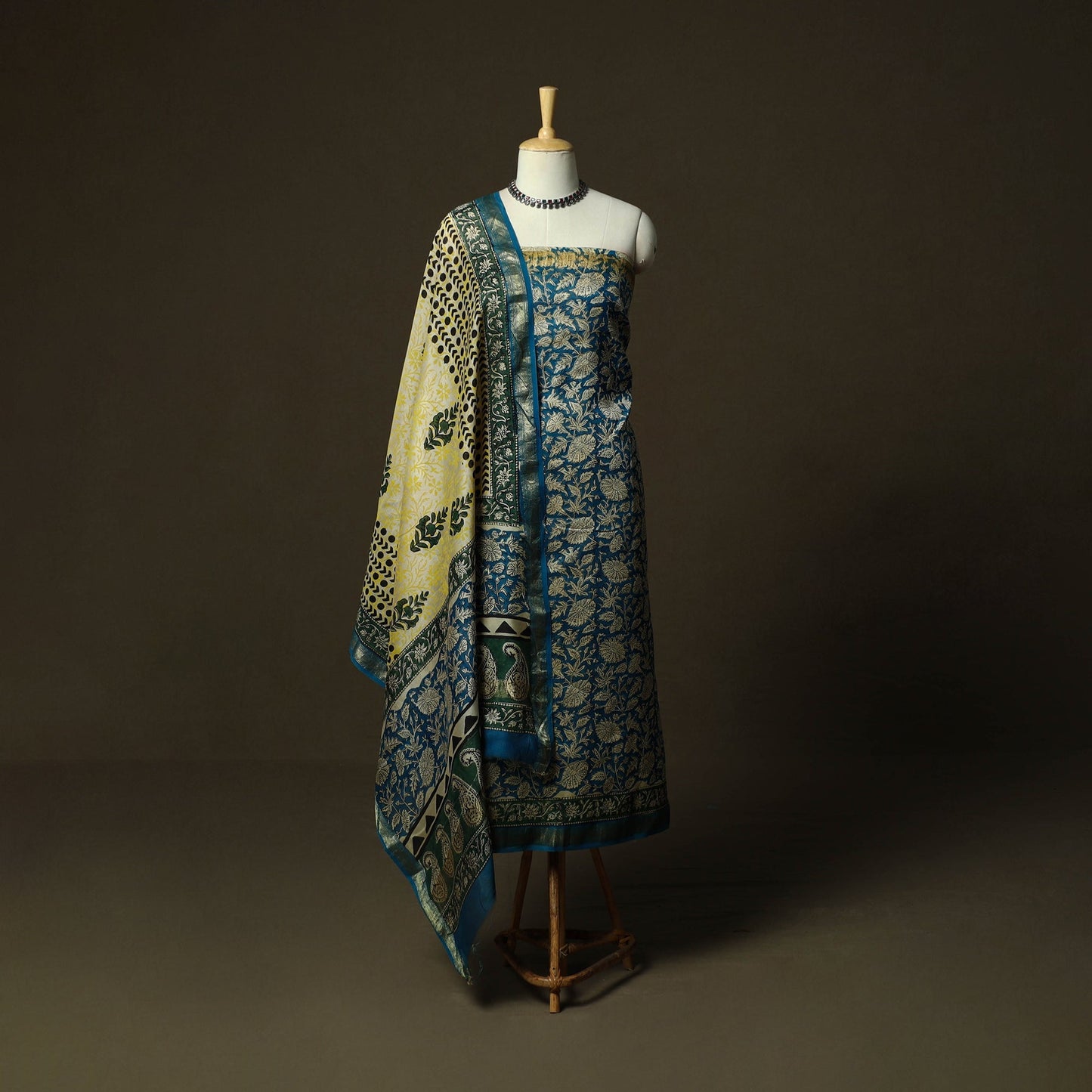 Maheshwari silk hand block bagru print 3pc unstitched dress
