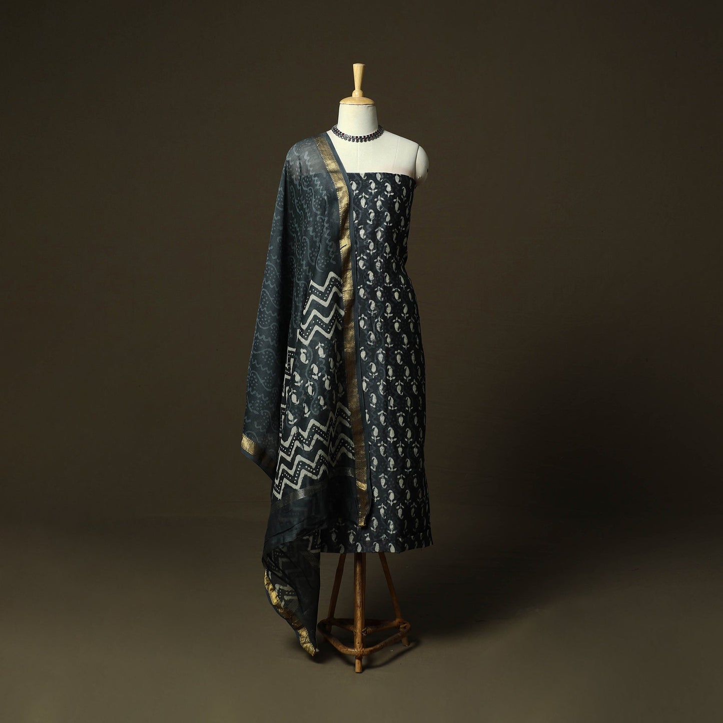 Maheshwari silk hand block bagru print 3pc unstitched dress