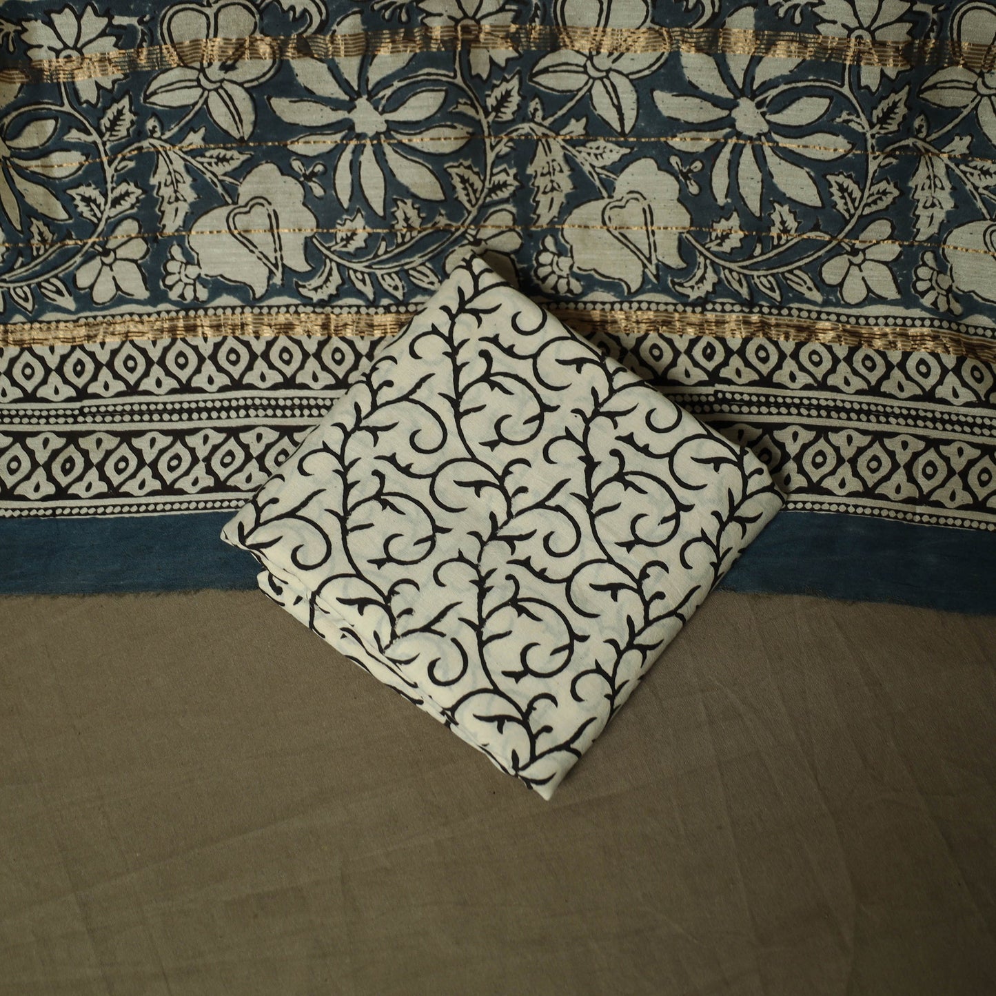 Maheshwari silk hand block bagru print 3pc unstitched dress