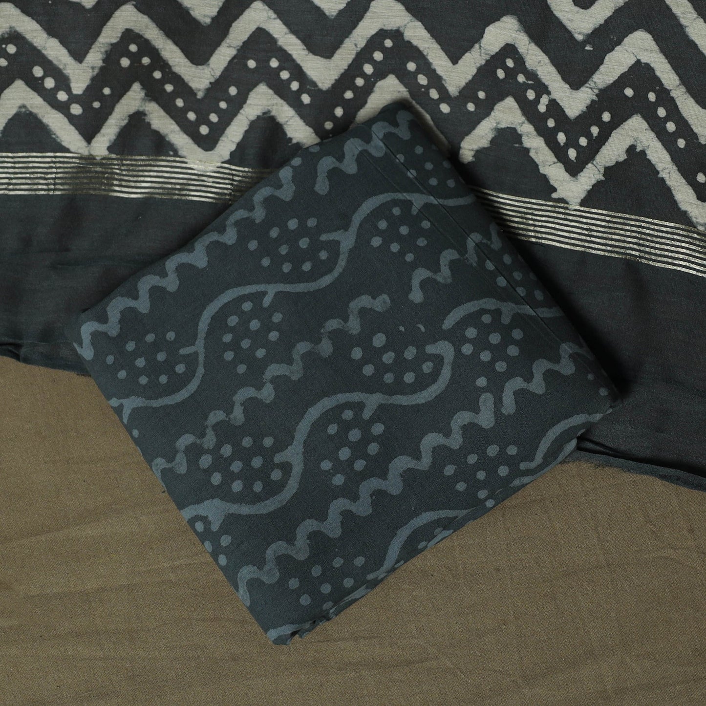 Maheshwari silk hand block bagru print 3pc unstitched dress