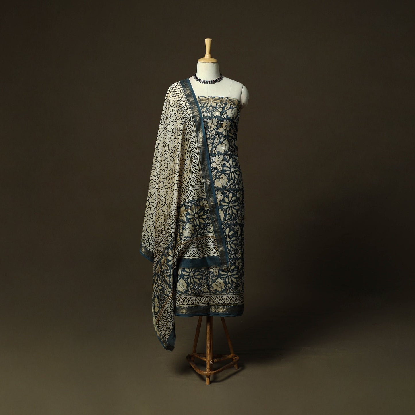 Maheshwari silk hand block bagru print 3pc unstitched dress