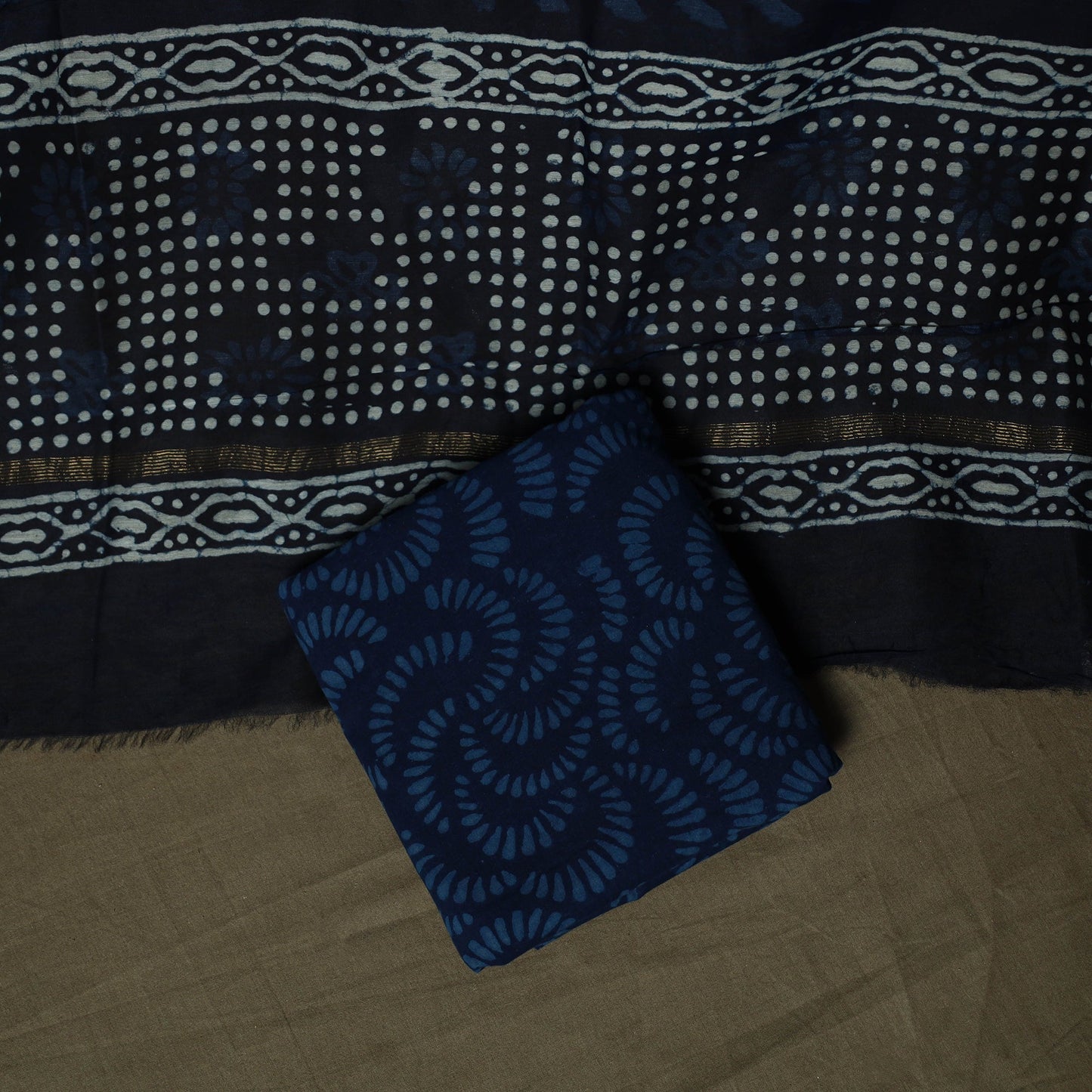 Maheshwari silk hand block indigo bagru print 3pc