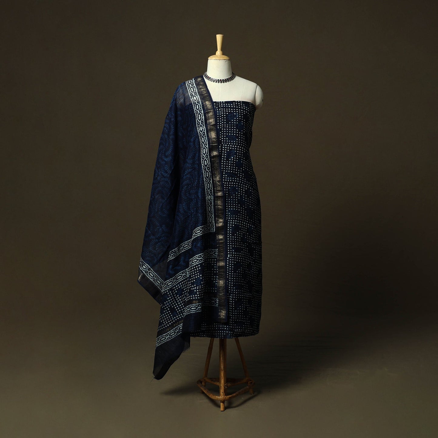Maheshwari silk hand block indigo bagru print 3pc