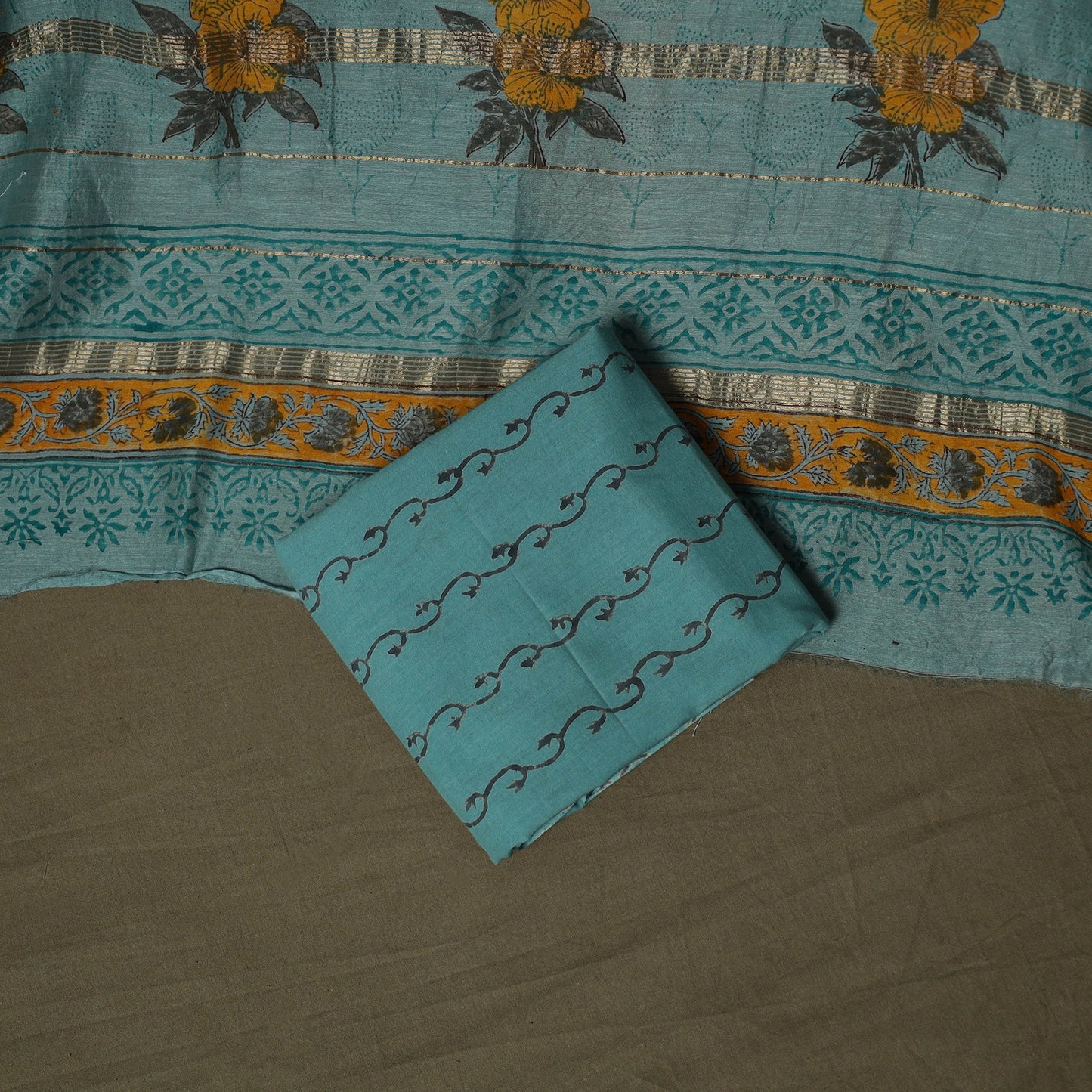 Maheshwari silk hand block sanganeri print 3pc unstitched