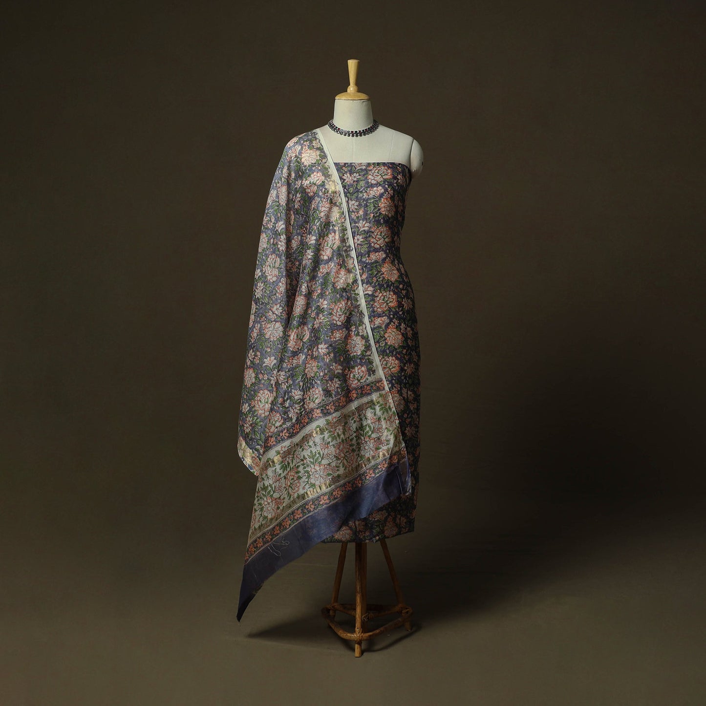 Maheshwari silk hand block sanganeri print 3pc unstitched