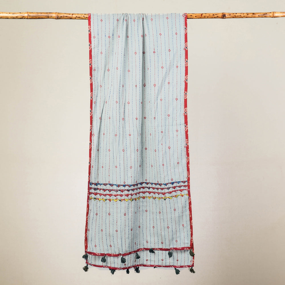 Buy Marudhara Tagai Work Ajrakh Border Cotton Stole with Tassels l iTokri.com