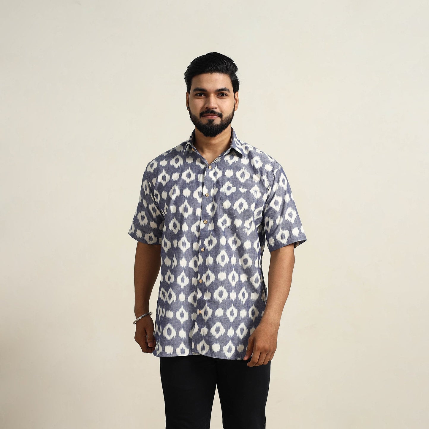 Blue Men Cotton Central Asian Pochampally Ikat Shirt