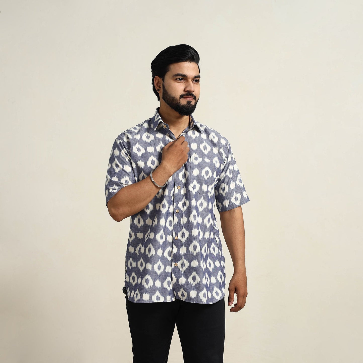 Blue Men Cotton Central Asian Pochampally Ikat Shirt
