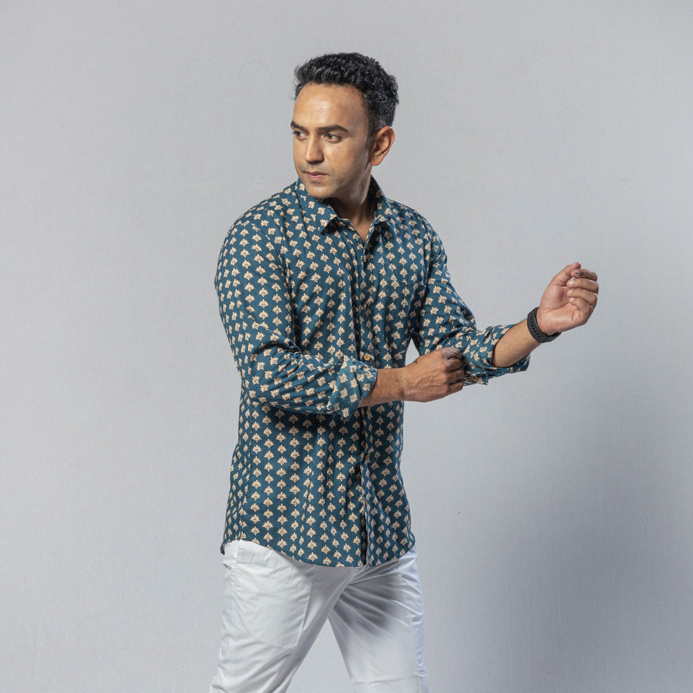 Blue Men Full Sleeve Cotton Sanganeri Block Printed Shirt