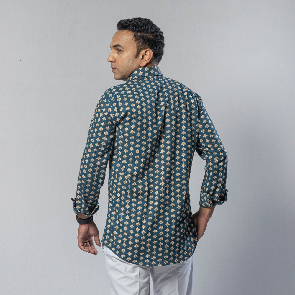 Blue Men Full Sleeve Cotton Sanganeri Block Printed Shirt