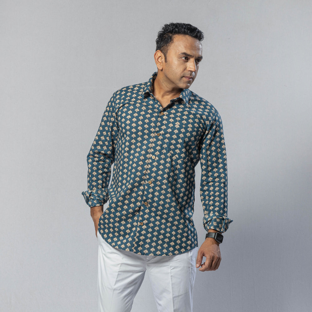 Blue Men Full Sleeve Cotton Sanganeri Block Printed Shirt