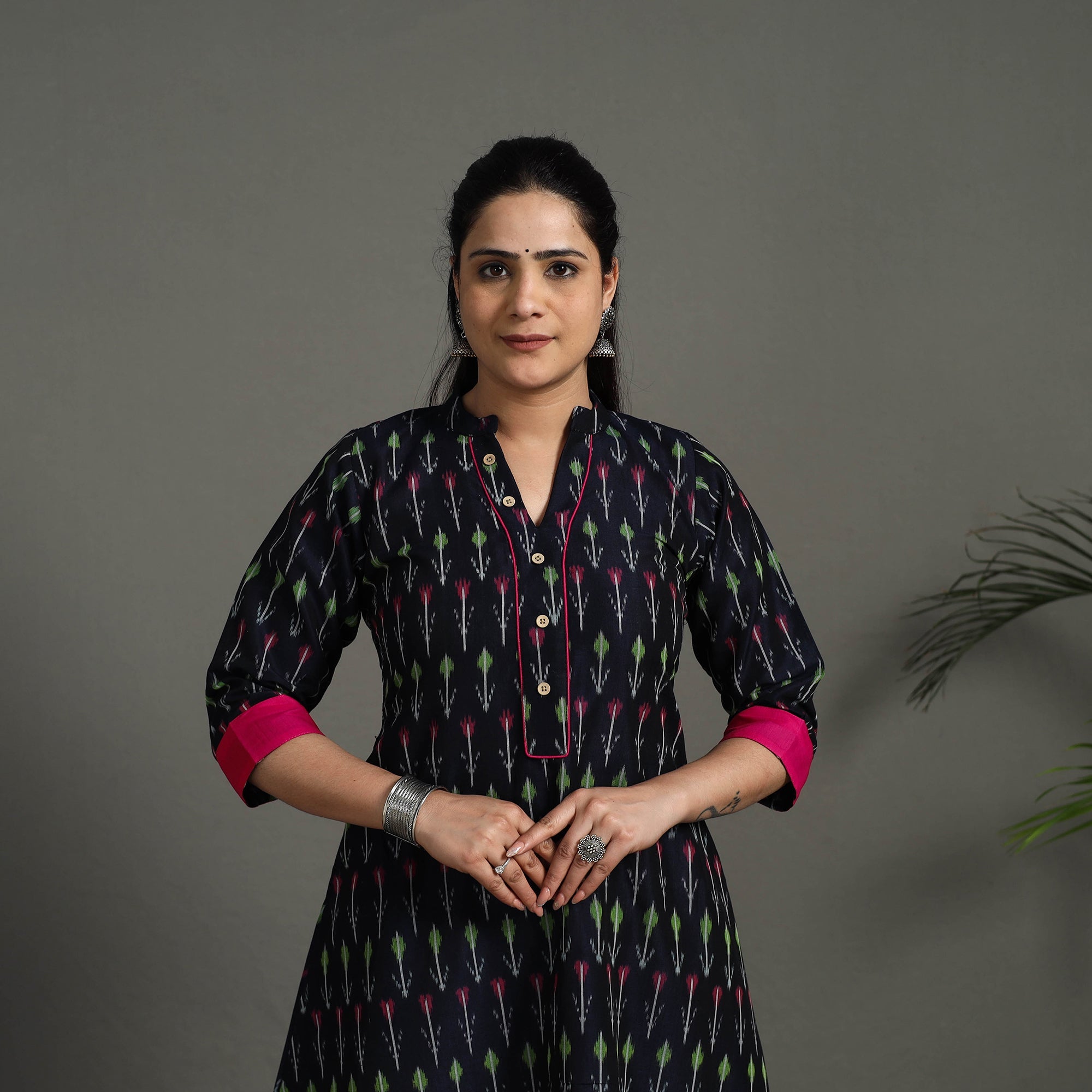Blue - Mercerised Cotton A-Line Pochampally Ikat Long Kurta 18