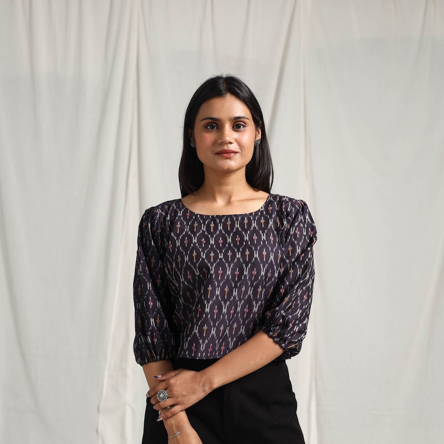 Blue Mercerised Cotton Pochampally Ikat Crop Top