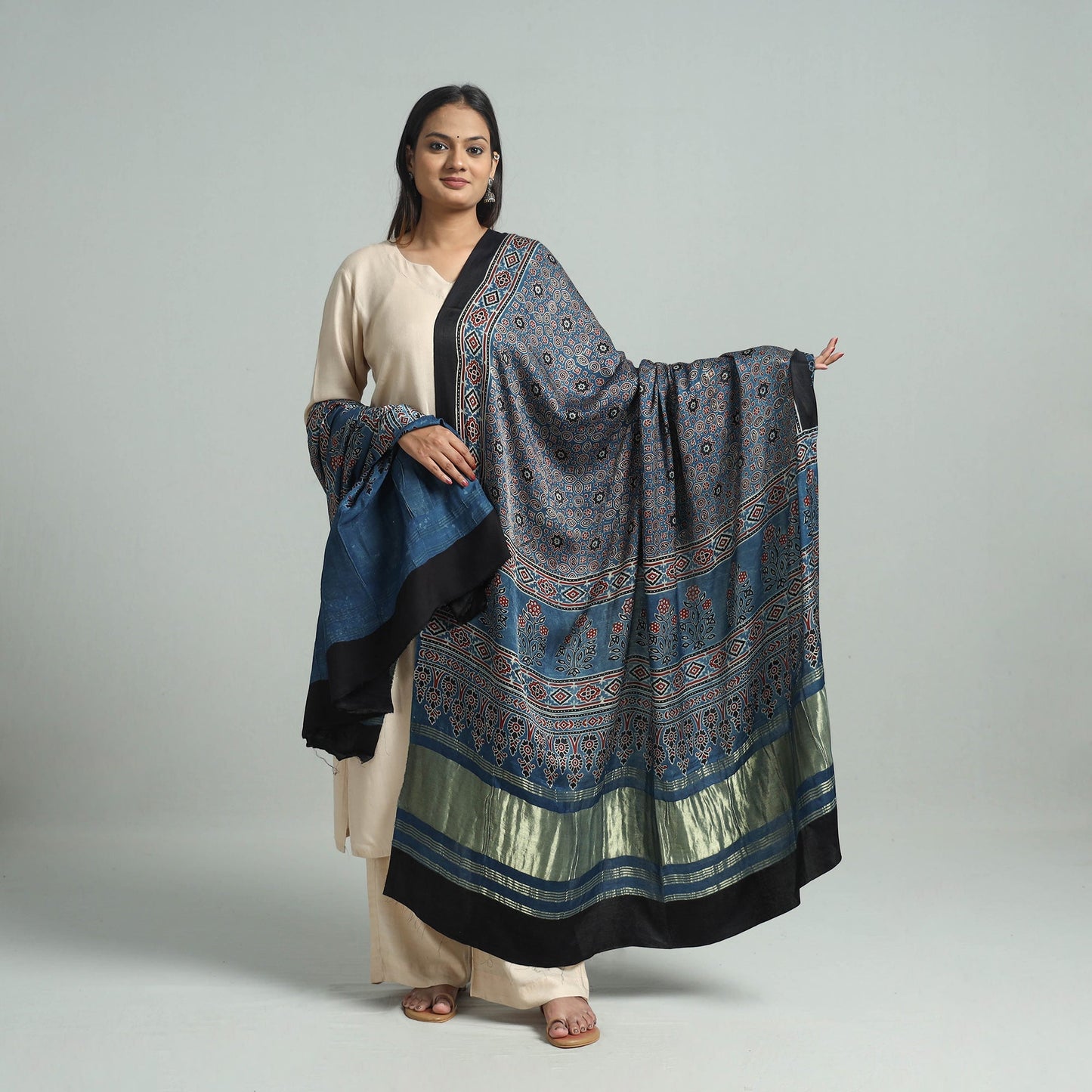 Blue - modal silk dupatta 03 - handcrafted