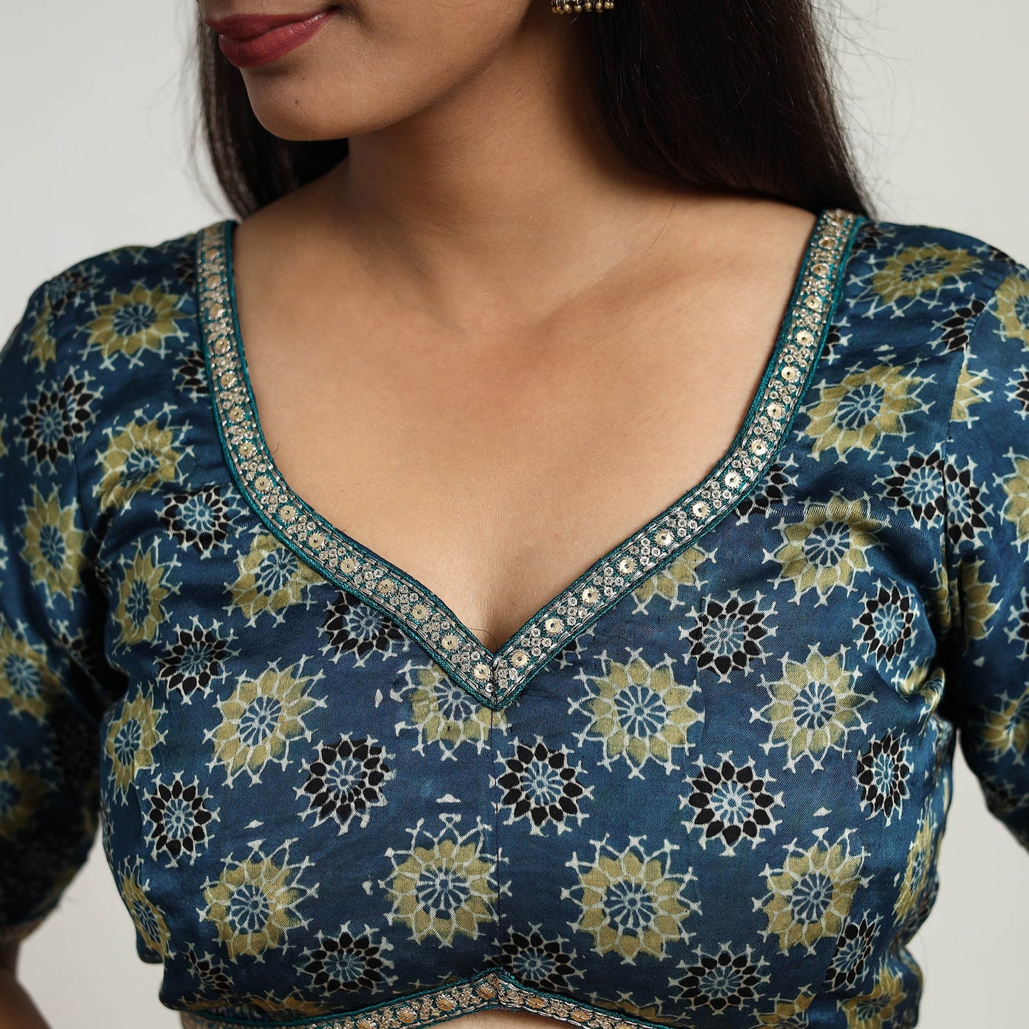 Blue - modal silk stitched blouse 01 - handcrafted