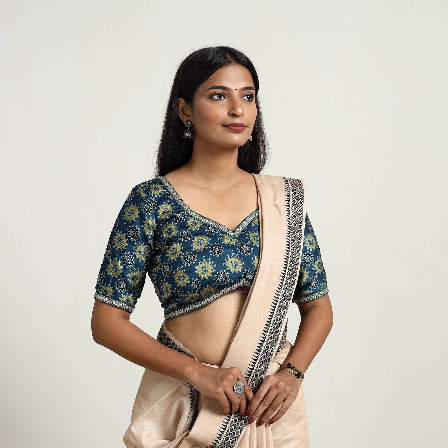 Blue - modal silk stitched blouse 01 - handcrafted