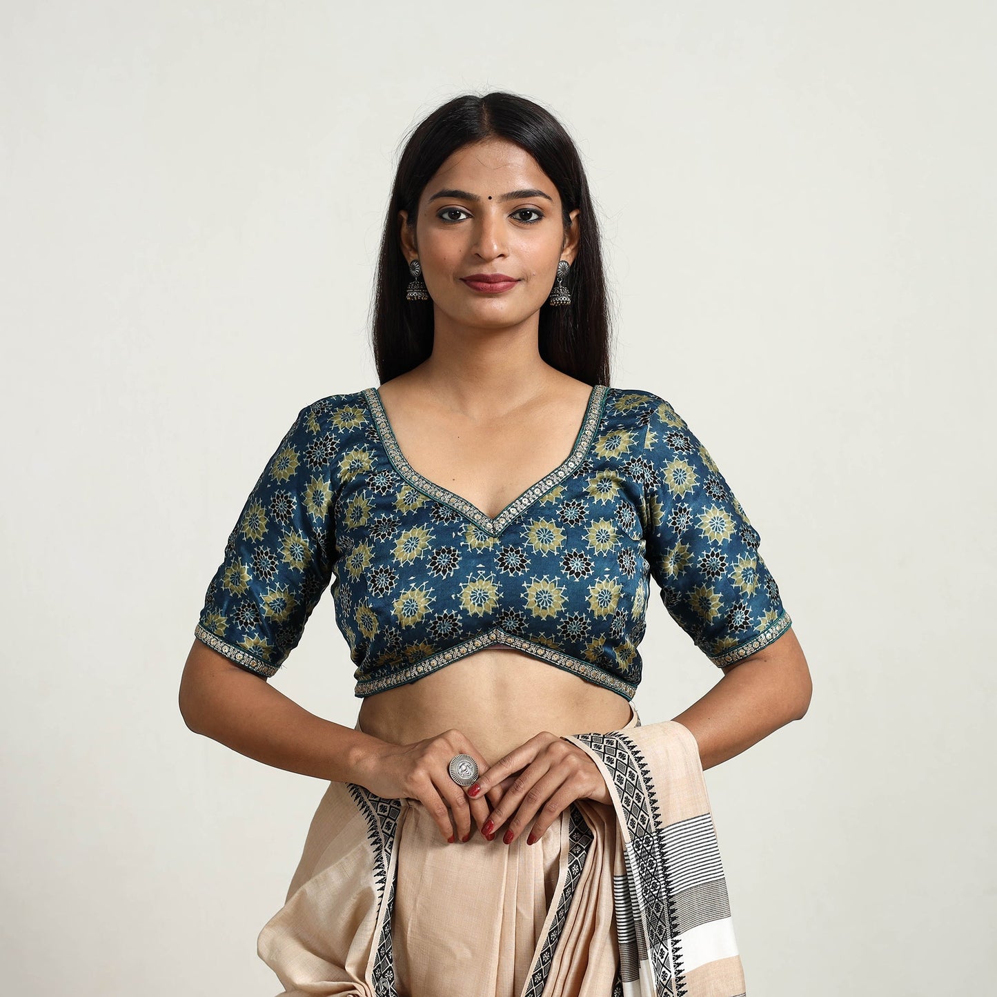 Blue - modal silk stitched blouse 01 - handcrafted