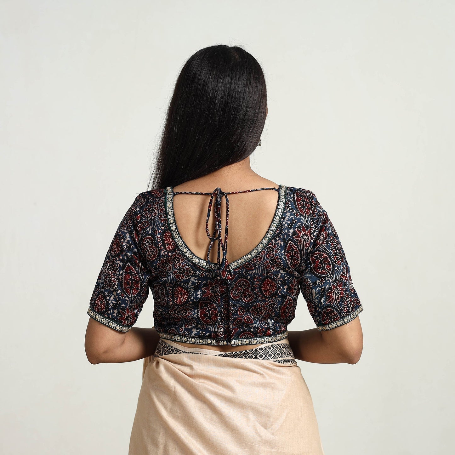 Blue Modal Silk Block Print Stitched Ajrakh Blouse Online