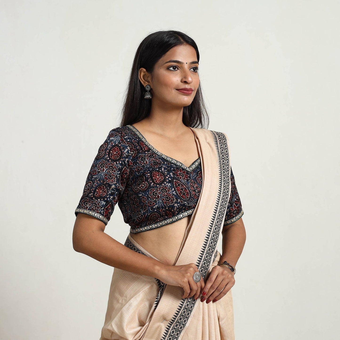 Blue Modal Silk Block Print Stitched Ajrakh Blouse Online