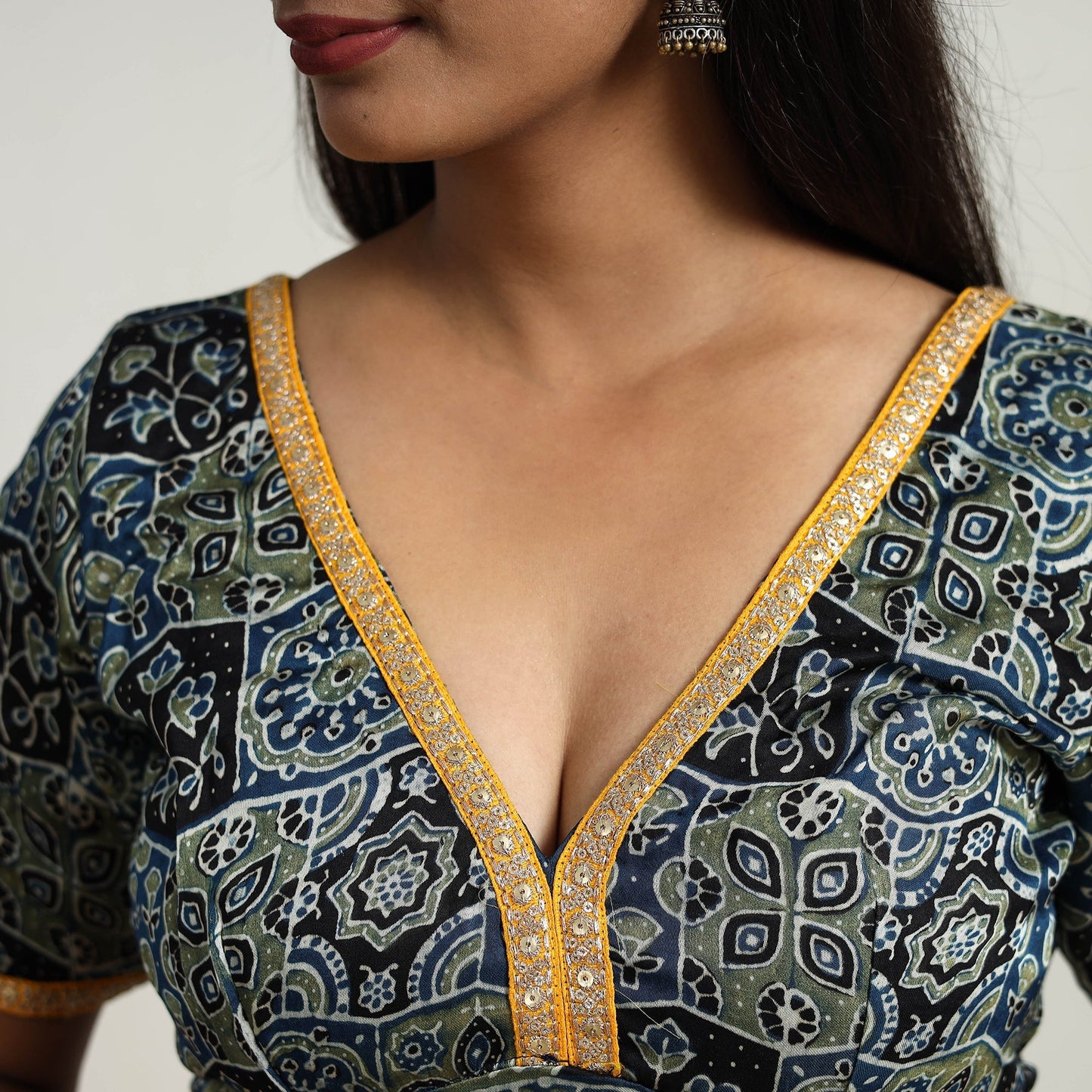 Blue Modal Silk Block Print Stitched Ajrakh Blouse Online