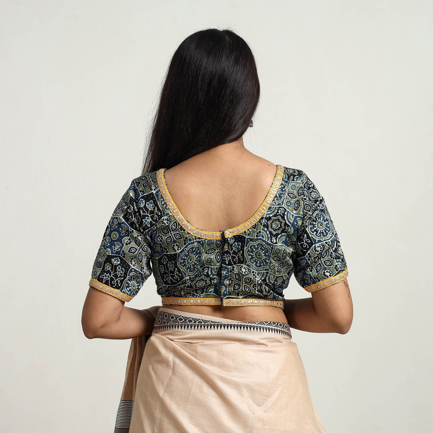 Blue Modal Silk Block Print Stitched Ajrakh Blouse Online