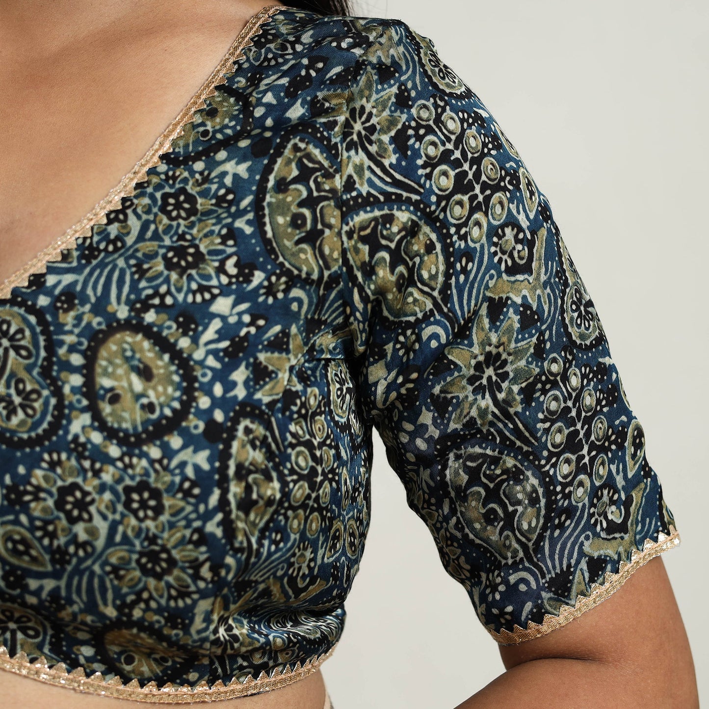 Blue Modal Silk Block Print Stitched Ajrakh Blouse Online