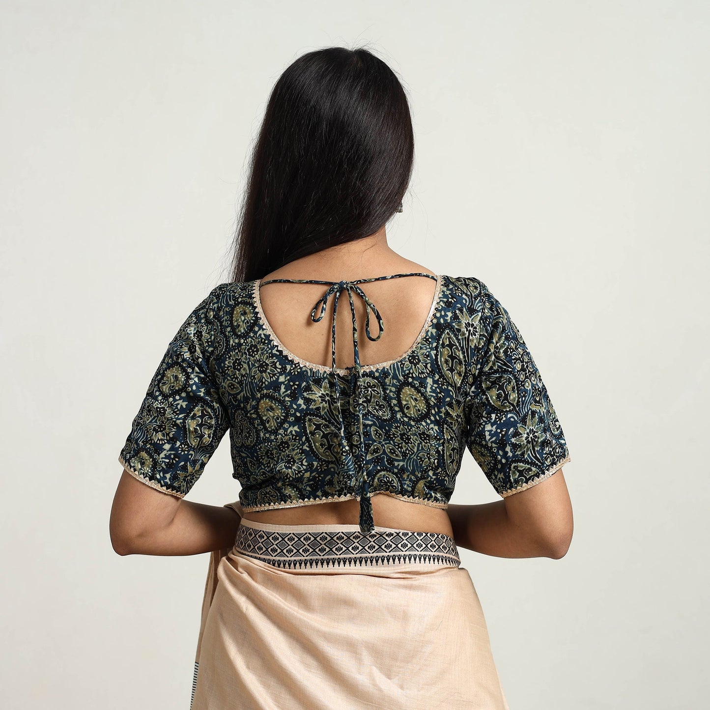 Blue Modal Silk Block Print Stitched Ajrakh Blouse Online