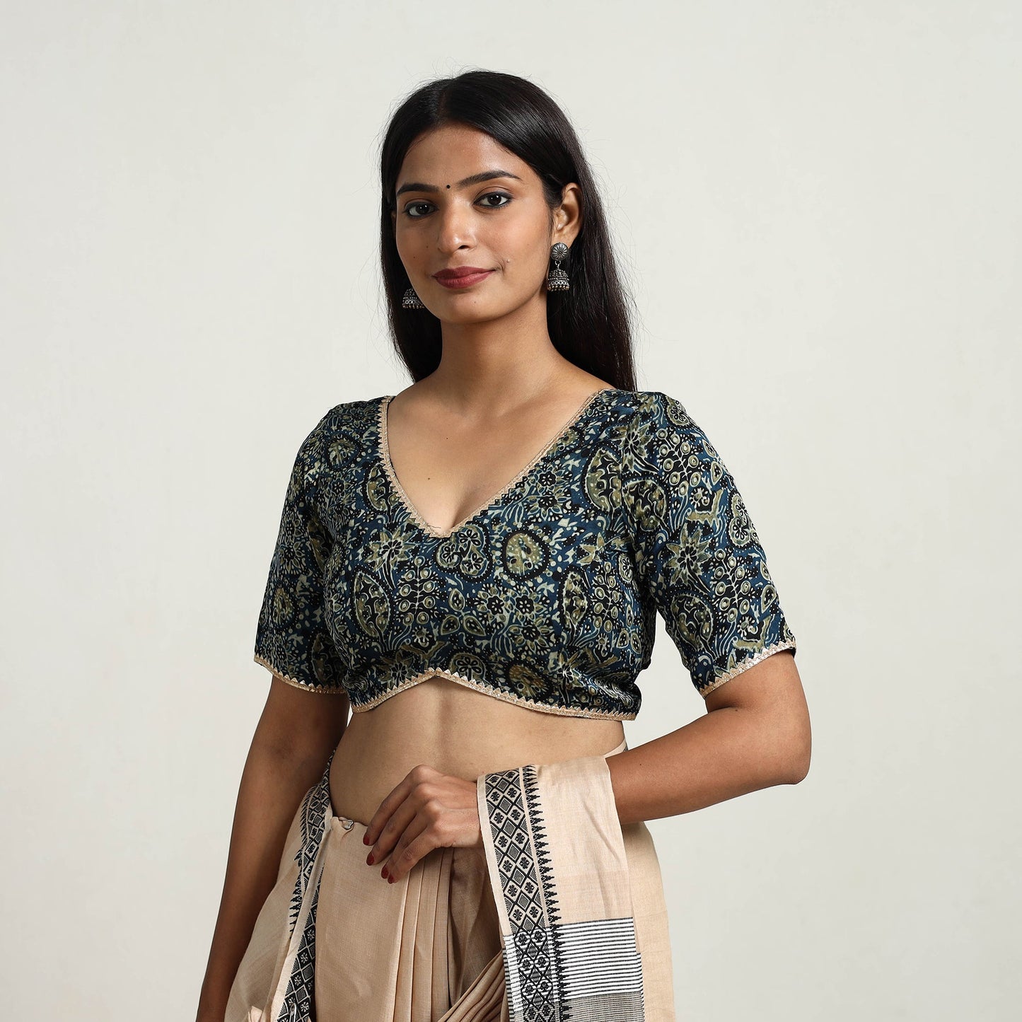 Blue Modal Silk Block Print Stitched Ajrakh Blouse Online
