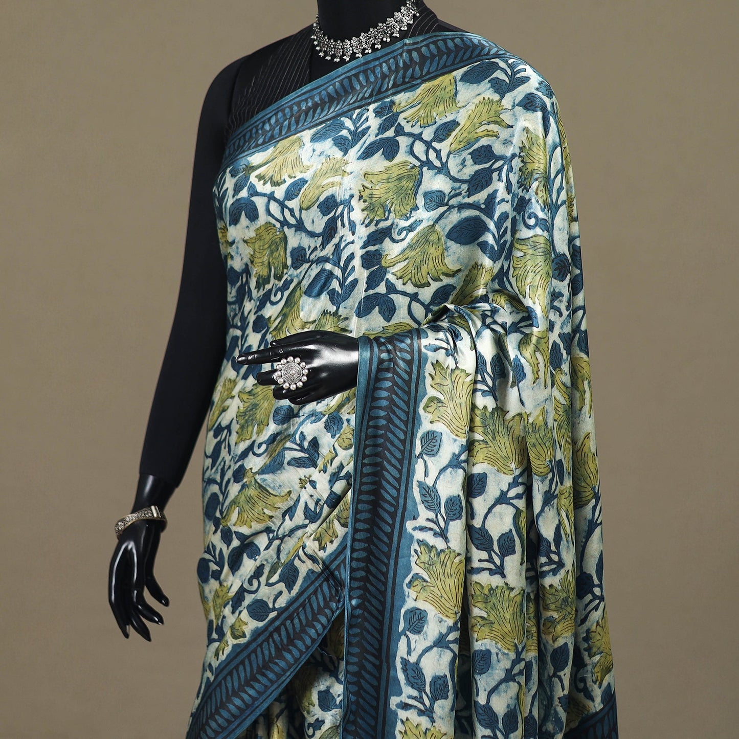 Blue - modal silk hand bagru saree 12 - handcrafted