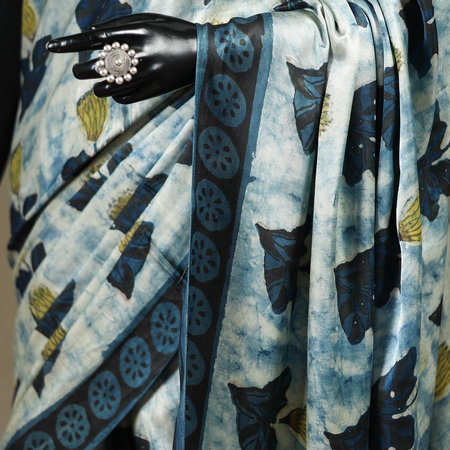 Blue - modal silk hand bagru saree 13 - handcrafted