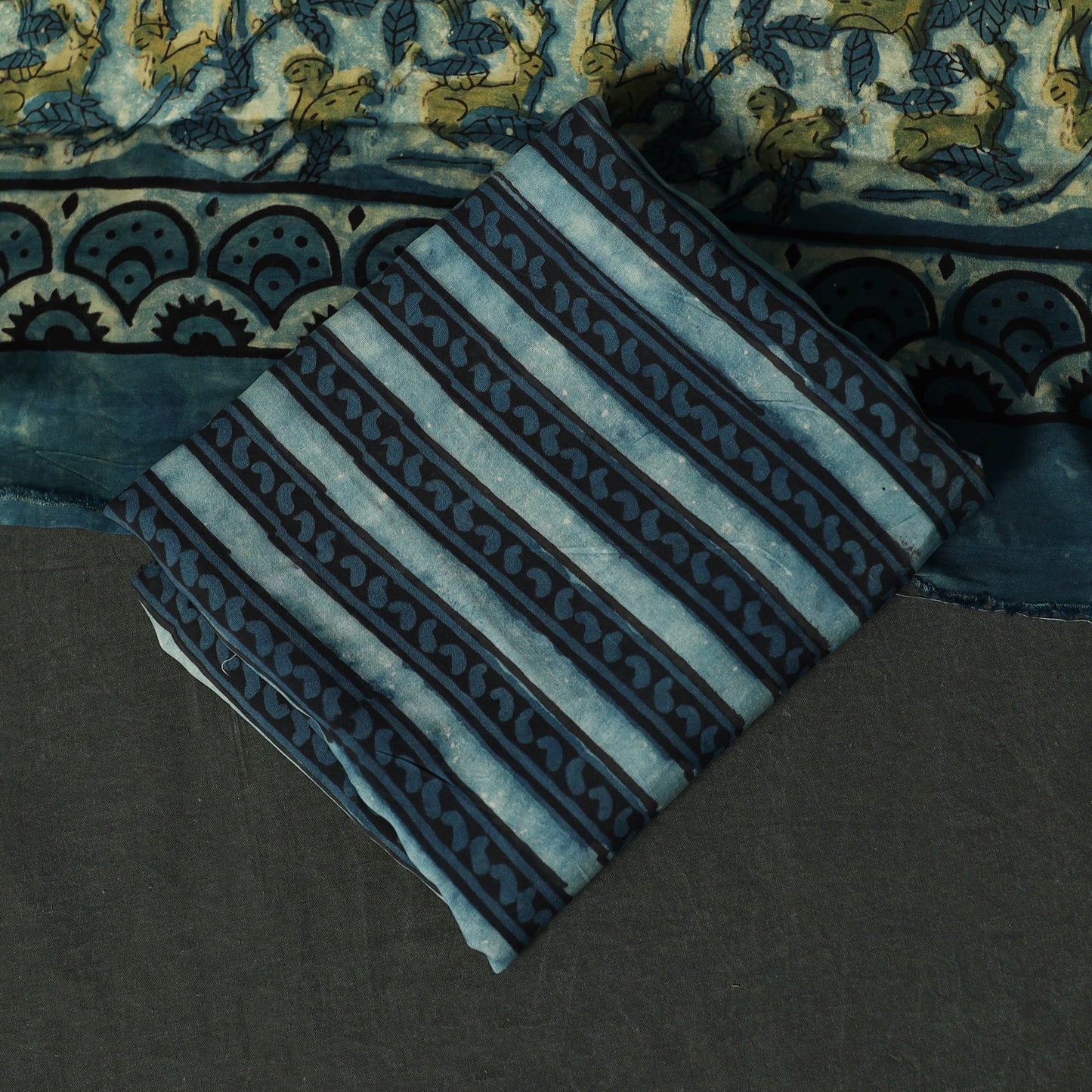 Modal silk hand block bagru print 3pc unstitched dress