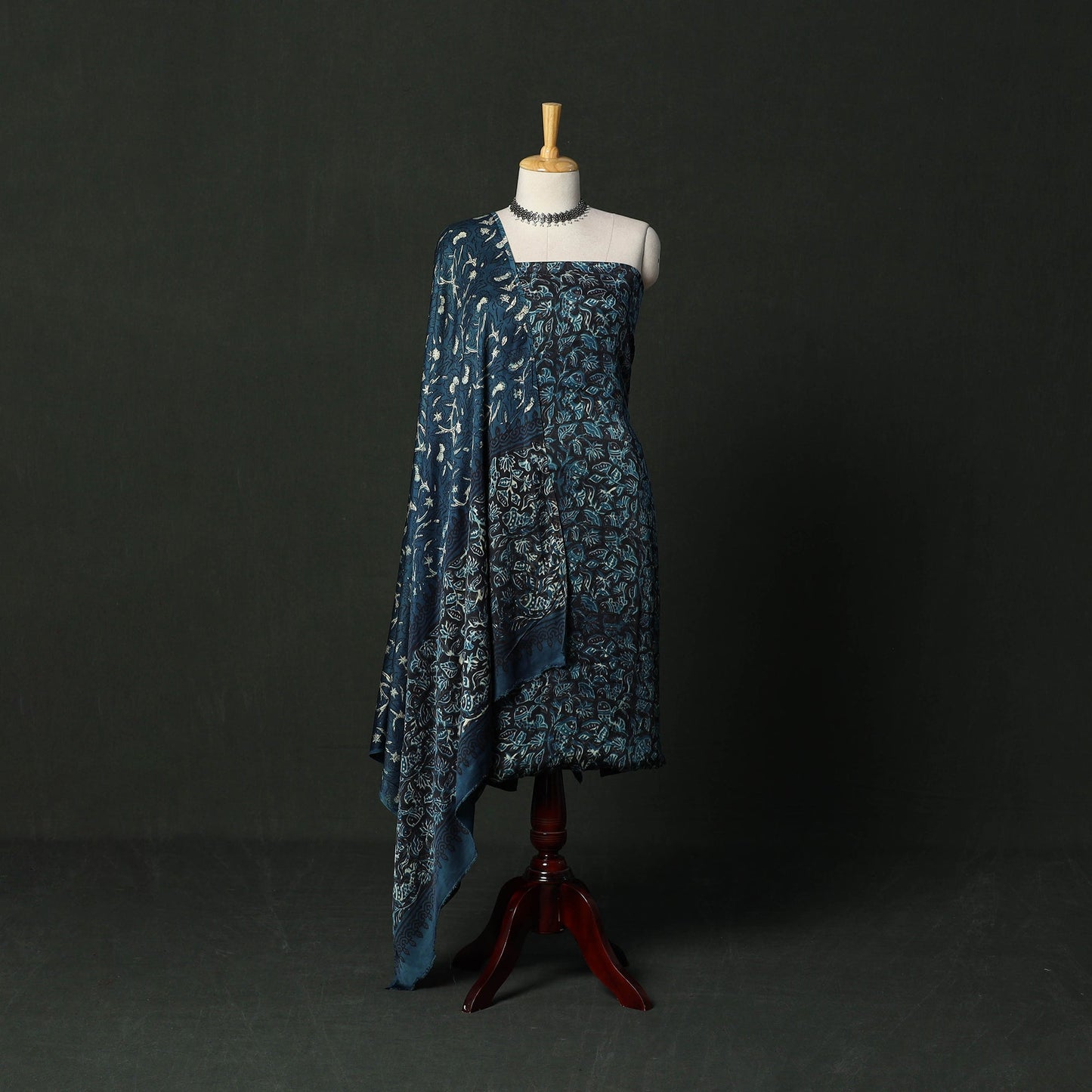 Modal silk hand block bagru print 3pc unstitched dress