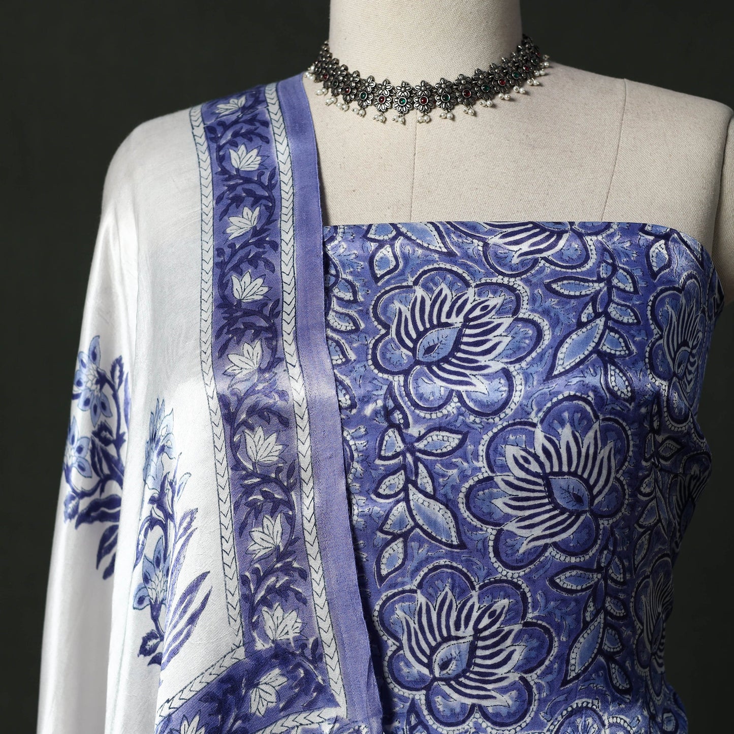 Modal silk hand block sanganeri print 2pc unstitched dress