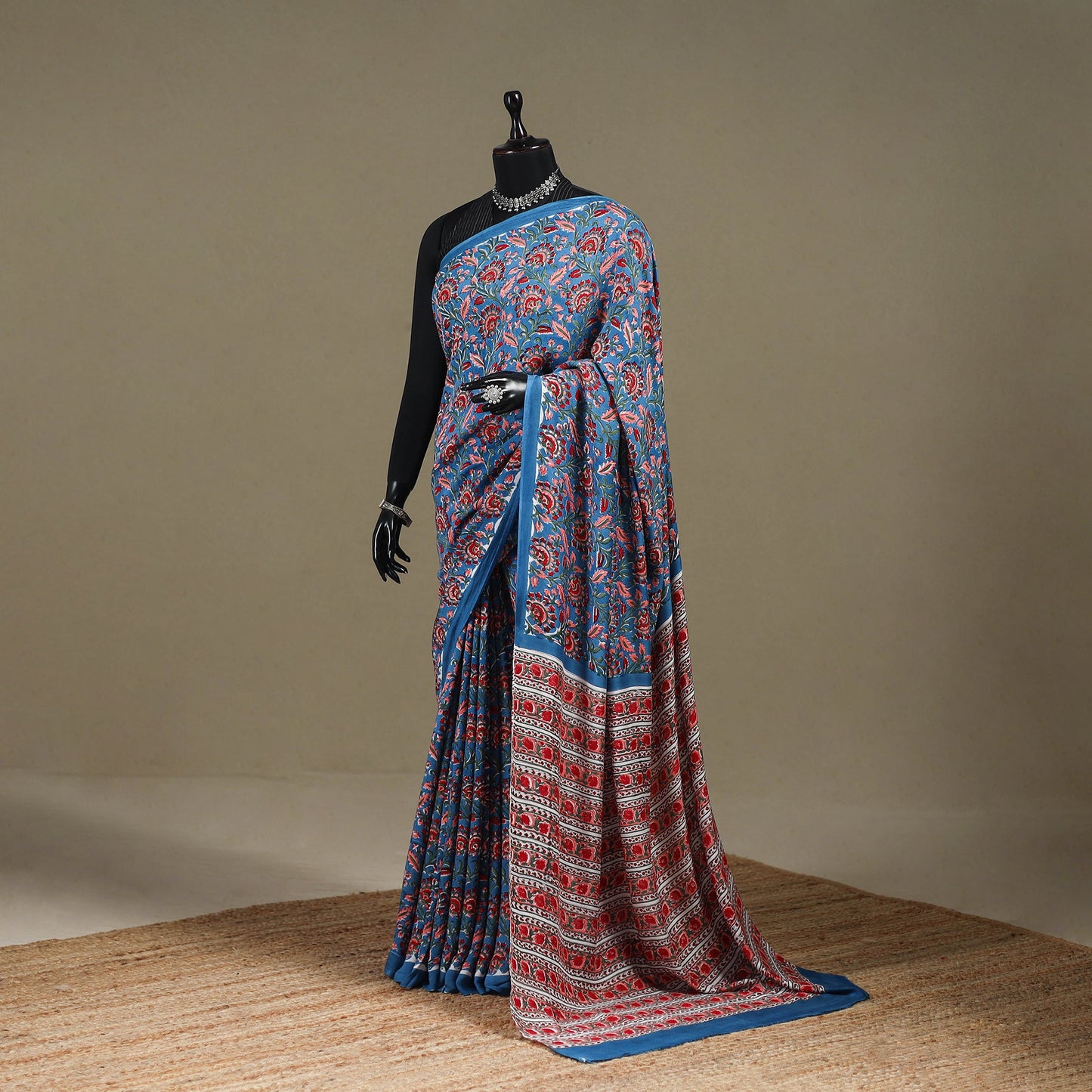 Blue - modal silk hand sanganeri saree 01 - handcrafted