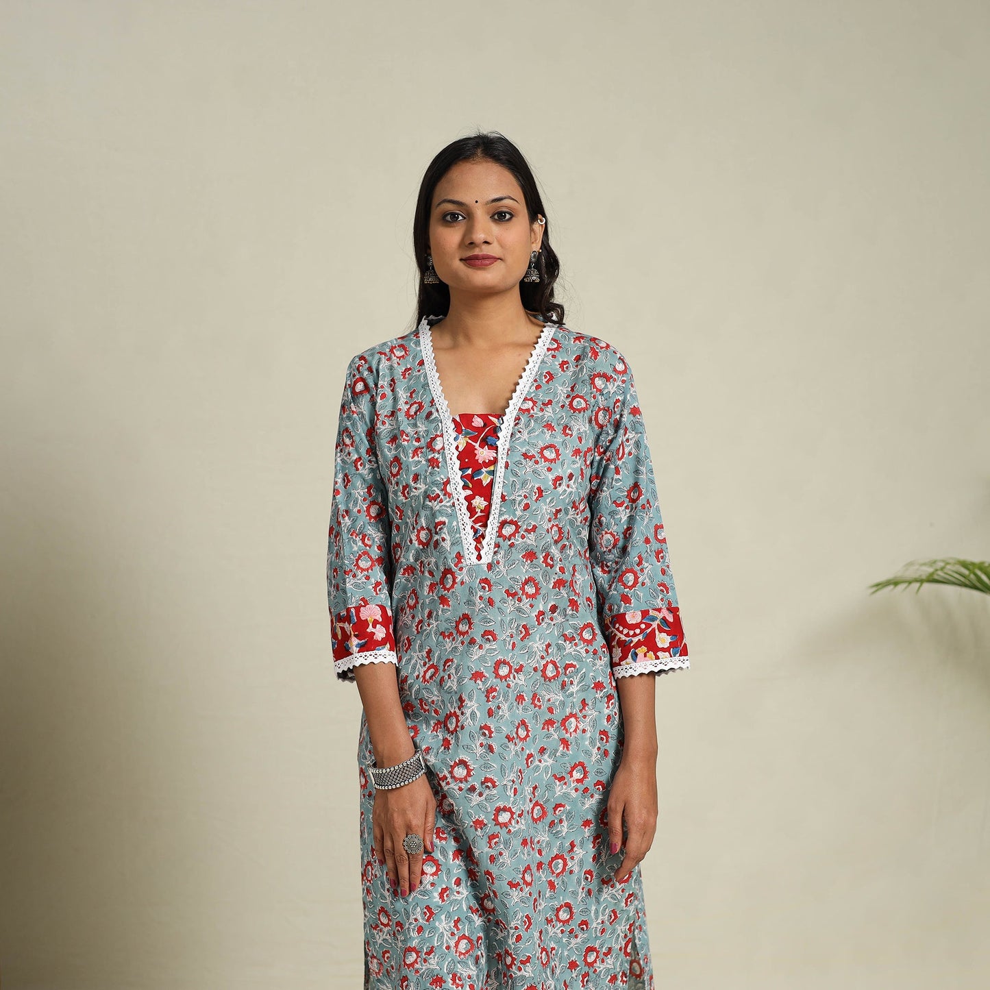 Mosaic Fusion Cotton Straight Lace Work Blue Sanganeri Kurta for Women