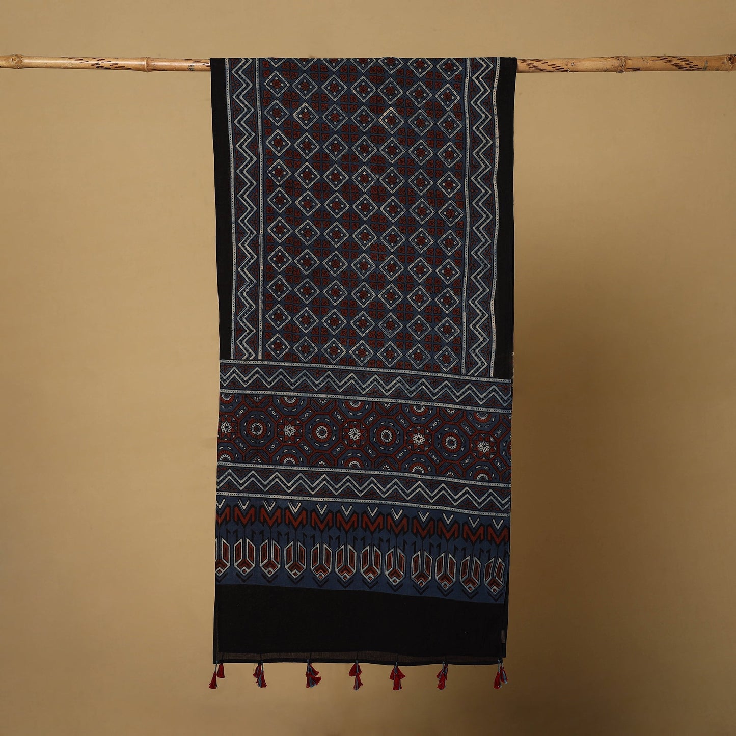 Blue Mul Cotton Block Print Ajrakh Stole with Tassels