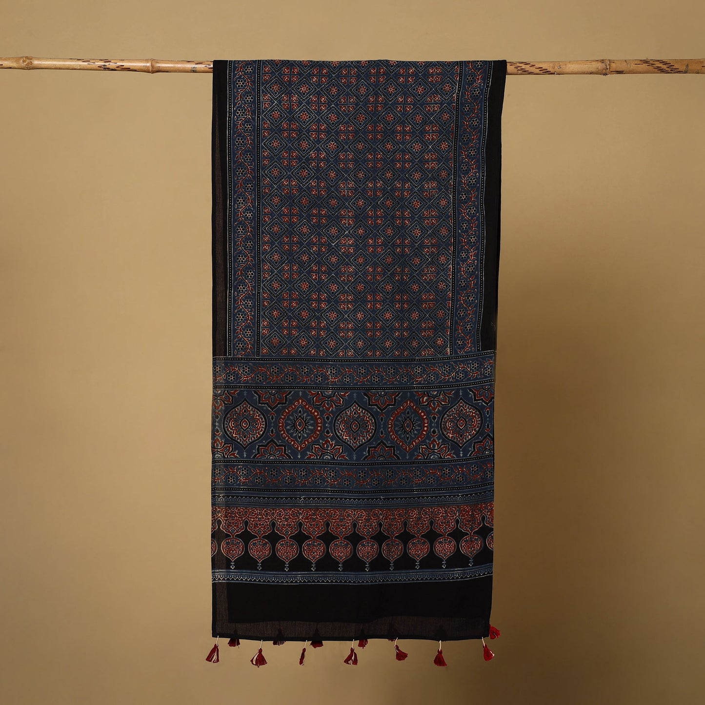 Buy Mul Cotton Block Print Ajrakh Stole with Tassels