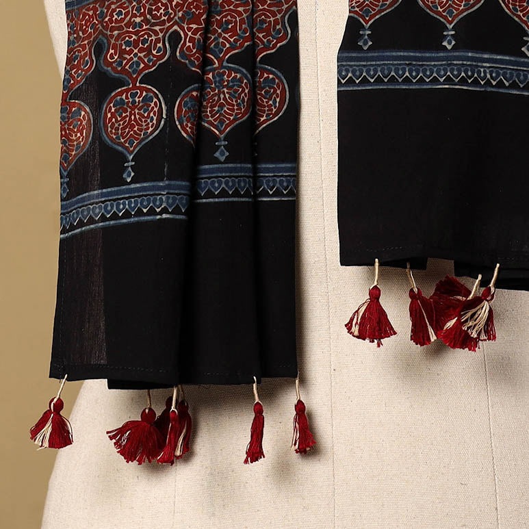 Buy Mul Cotton Block Print Ajrakh Stole with Tassels
