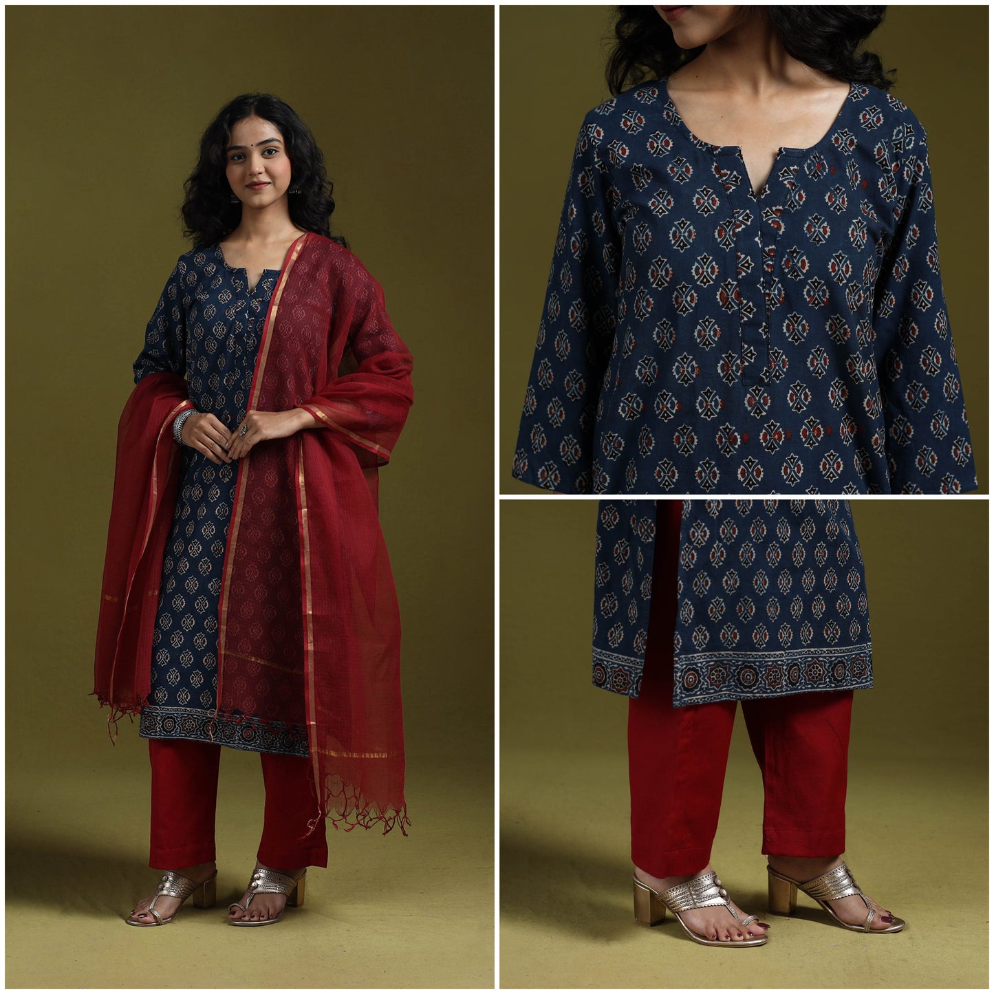 Natural dyed ajrakh hand block print cotton suit set