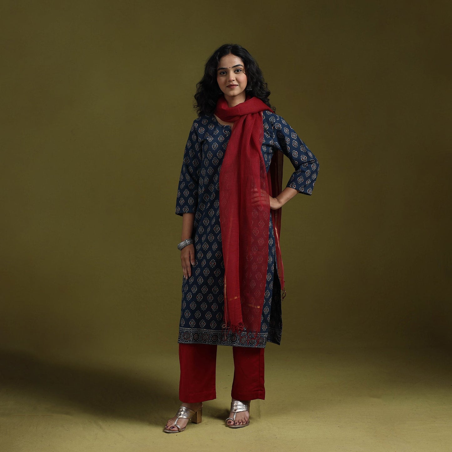 Natural dyed ajrakh hand block print cotton suit set
