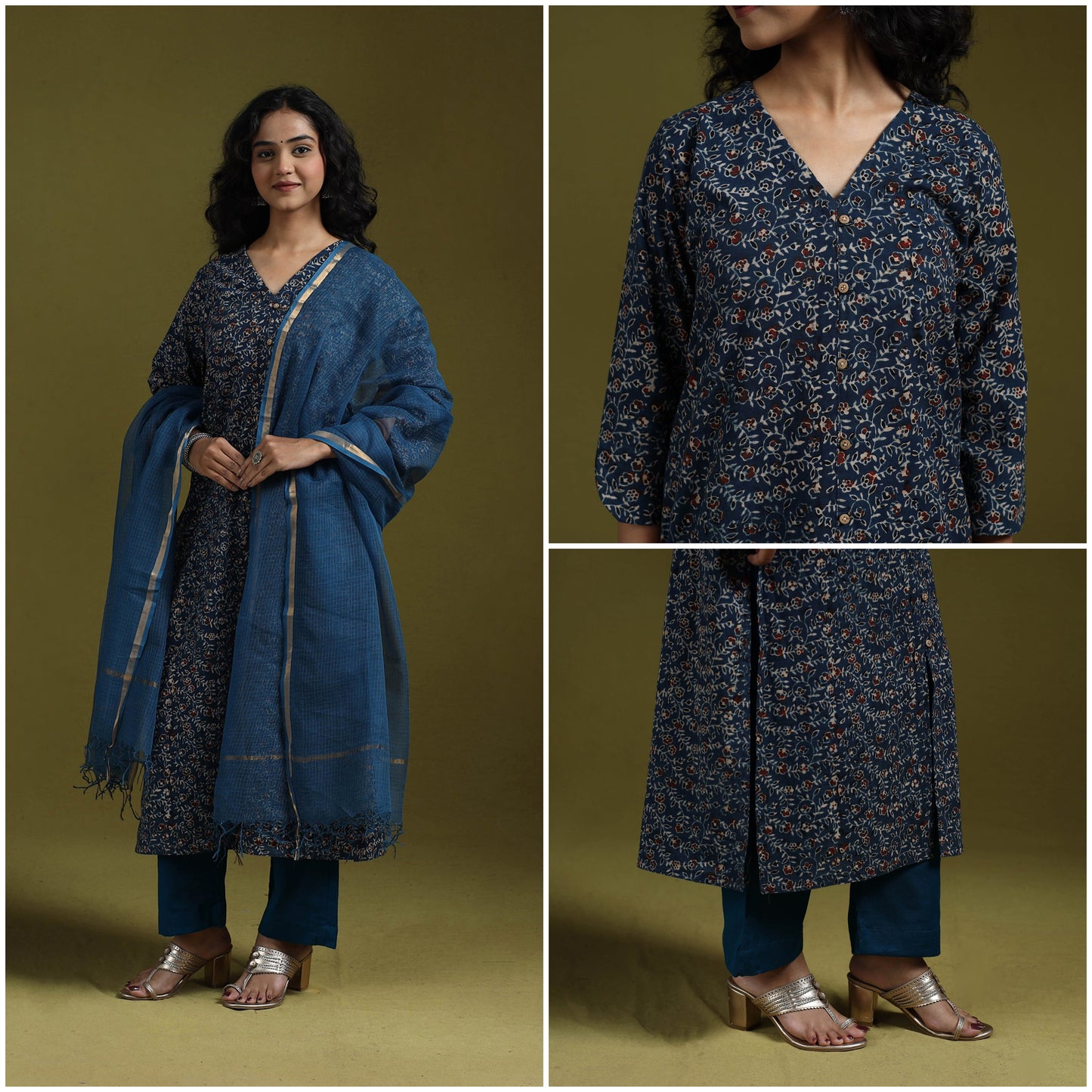 Natural dyed ajrakh hand block print cotton suit set